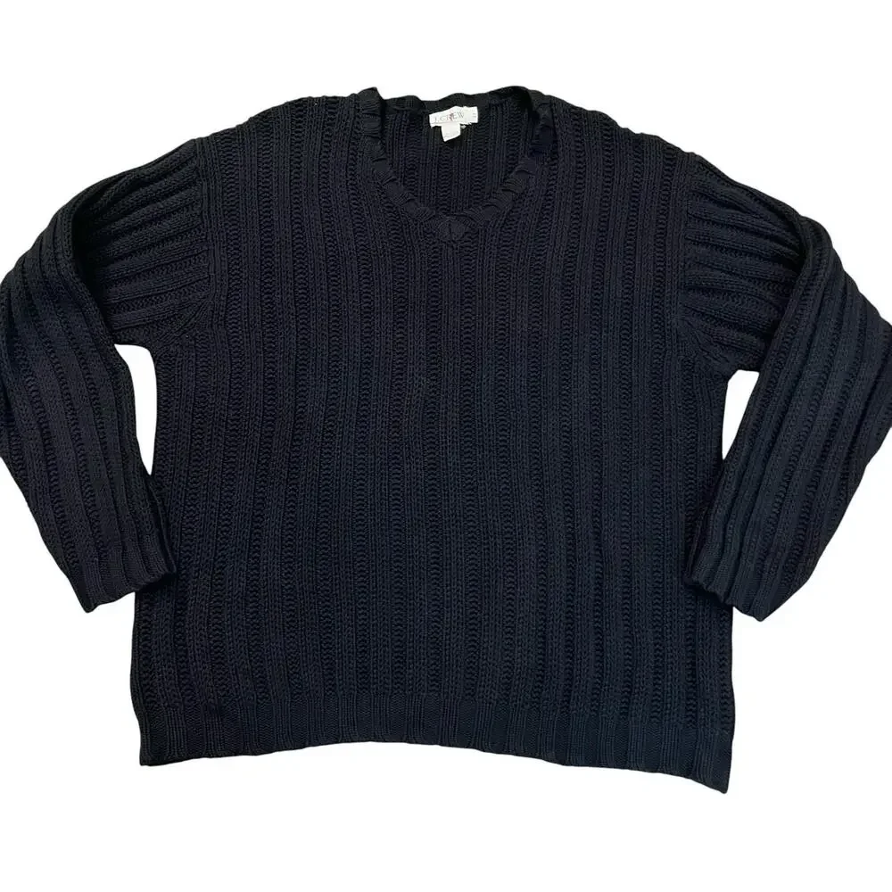 90s VTG J Crew Mens Oarsman Cotton V Neck Sweater Large Tall Ribbed Chunky Black